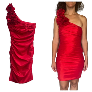 Hailey by Adrianna Papell Red Ruched Rosette One Shoulder Sheath Dress Size 4/S